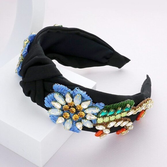31. Black Lux Floral Stone Embellished Knot Headband - Picture 1 of 1